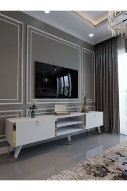 Festival Tv Ünitesi G3030-1 Beyaz Parlak Gold detaylı Minifiks Bağlantı Tv Sehpası