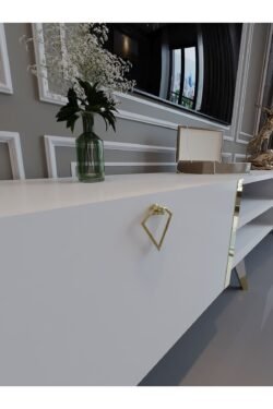 Festival Tv Ünitesi G3030-1 Beyaz Parlak Gold detaylı Minifiks Bağlantı Tv Sehpası