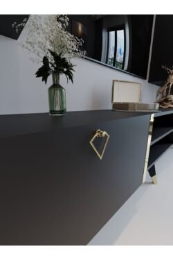 Festival Tv Ünitesi G3001-4 Antrasit - Gold detaylı Minifiks Bağlantı Tv Sehpası ve Duvar Rafı