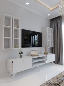 Festival Tv Ünitesi S3001-1 Beyaz Parlak Silver detaylı Minifiks Bağlantı Tv Sehpası ve Duvar Rafı