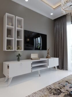 Festival Tv Ünitesi S3000-1 Beyaz Parlak Silver detaylı Minifiks Bağlantı Tv Sehpası ve Duvar Rafı