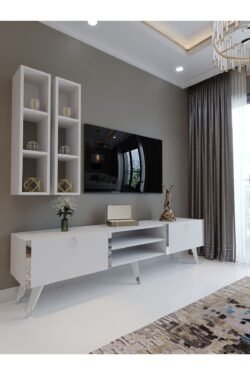 Festival Tv Ünitesi S3000-1 Beyaz Parlak Silver detaylı Minifiks Bağlantı Tv Sehpası ve Duvar Rafı
