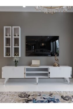 Festival Tv Ünitesi S3000-1 Beyaz Parlak Silver detaylı Minifiks Bağlantı Tv Sehpası ve Duvar Rafı