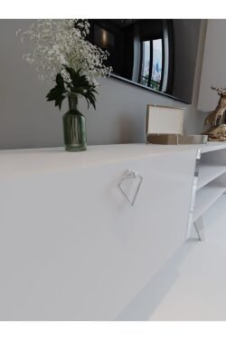 Festival Tv Ünitesi S3000-1 Beyaz Parlak Silver detaylı Minifiks Bağlantı Tv Sehpası ve Duvar Rafı