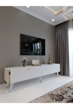 Festival Tv Ünitesi G3011-1 Beyaz Parlak Gold detaylı Minifiks Bağlantı Tv Sehpası