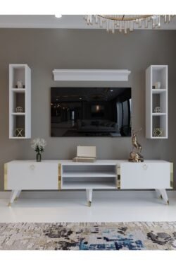 Festival Tv Ünitesi G3009-1 Beyaz Parlak Gold detaylı Minifiks Bağlantı Tv Sehpası ve Duvar Rafı