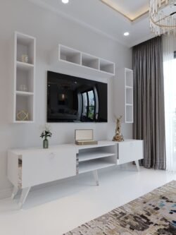 Festival Tv Ünitesi S3006-1 Beyaz Parlak Silver detaylı Minifiks Bağlantı Tv Sehpası ve Duvar Rafı