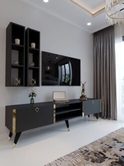 Festival Tv Ünitesi G3000-4 Antrasit - Gold detaylı Minifiks Bağlantı Tv Sehpası ve Duvar Rafı