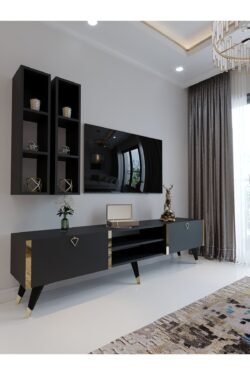 Festival Tv Ünitesi G3000-4 Antrasit - Gold detaylı Minifiks Bağlantı Tv Sehpası ve Duvar Rafı