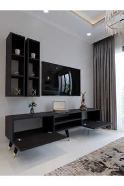 Festival Tv Ünitesi G3000-4 Antrasit - Gold detaylı Minifiks Bağlantı Tv Sehpası ve Duvar Rafı