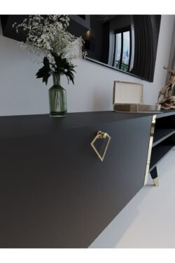 Festival Tv Ünitesi G3000-4 Antrasit - Gold detaylı Minifiks Bağlantı Tv Sehpası ve Duvar Rafı