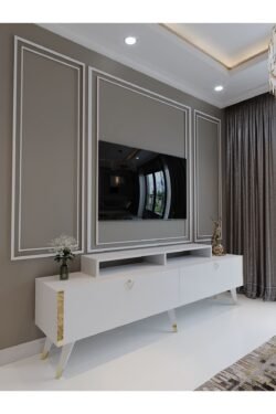 Festival Tv Ünitesi G3010-1 Beyaz Parlak Gold detaylı Minifiks Bağlantı Tv Sehpası
