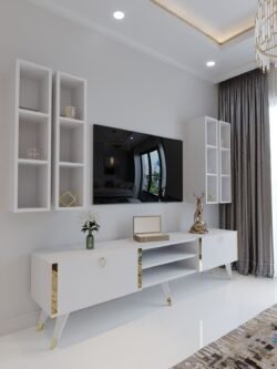 Festival Tv Ünitesi G3001-1 Beyaz Parlak Gold detaylı Minifiks Bağlantı Tv Sehpası ve Duvar Rafı