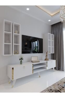 Festival Tv Ünitesi G3001-1 Beyaz Parlak Gold detaylı Minifiks Bağlantı Tv Sehpası ve Duvar Rafı