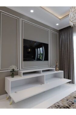 Festival Tv Ünitesi G3010-1 Beyaz Parlak Gold detaylı Minifiks Bağlantı Tv Sehpası