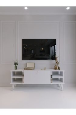 Festival Tv Sehpası S6306-1 Beyaz Parlak Silver detaylı Minifiks Bağlantı Tv Ünitesi