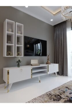 Festival Tv Ünitesi G3000-1 Beyaz Parlak Gold detaylı Minifiks Bağlantı Tv Sehpası ve Duvar Rafı