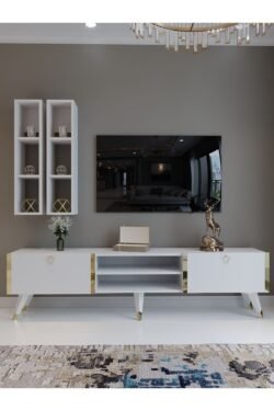 Festival Tv Ünitesi G3000-1 Beyaz Parlak Gold detaylı Minifiks Bağlantı Tv Sehpası ve Duvar Rafı