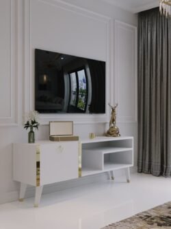 Festival Tv Sehpası G6307-1 Beyaz Parlak Gold detaylı Minifiks Bağlantı Tv Ünitesi