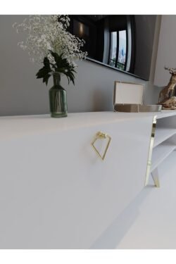 Festival Tv Ünitesi G3000-1 Beyaz Parlak Gold detaylı Minifiks Bağlantı Tv Sehpası ve Duvar Rafı