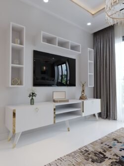 Festival Tv Ünitesi G3006-1 Beyaz Parlak Gold detaylı Minifiks Bağlantı Tv Sehpası ve Duvar Rafı
