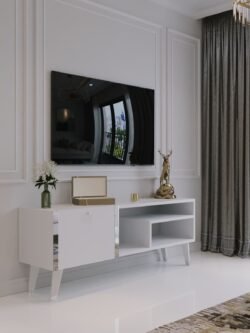 Festival Tv Sehpası S6307-1 Beyaz Parlak Silver detaylı Minifiks Bağlantı Tv Ünitesi