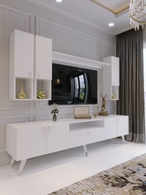 Modern Tv Sehpası Silver Gümüş Üçgen Kulp Kepli S8024-1-1 Beyaz