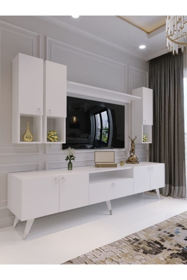 Modern Tv Sehpası Silver Gümüş Üçgen Kulp Kepli S8024-1-1 Beyaz