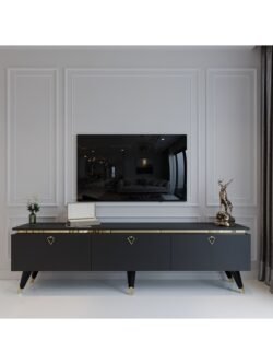 Modern Tv Sehpası Gold Üçgen Kulp Kepli G9107-4 Antrasit 35 Cm Derinlik