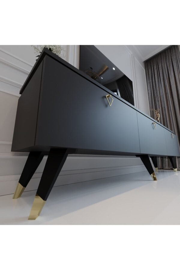 Modern Tv Sehpası Gold Üçgen Kulp Kepli G9107-4 Antrasit 35 Cm Derinlik