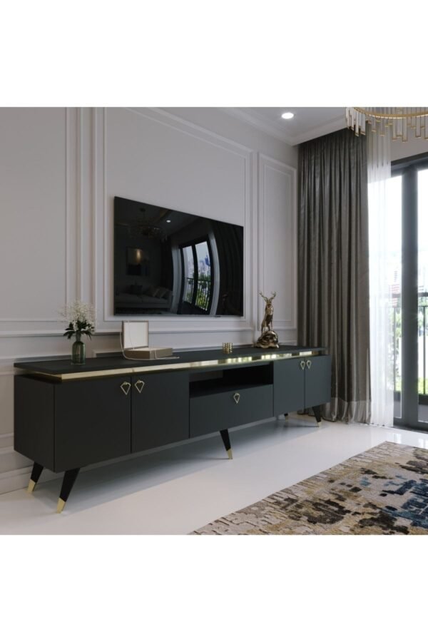 Modern Tv Sehpası Gold Üçgen Kulp Kepli G0m24-4 Antrasit 35 Cm Derinlik