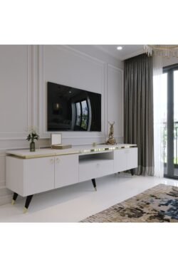 Modern Tv Sehpası Gold Üçgen Kulp Kepli G0m24-1 Beyaz 35 Cm Derinlik