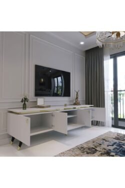 Modern Tv Sehpası Gold Üçgen Kulp Kepli G0m24-1 Beyaz 35 Cm Derinlik