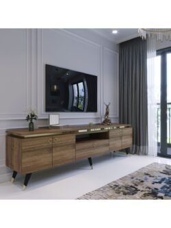 Modern Tv Sehpası Gold Üçgen Kulp Kepli G0m24-2 Ceviz 35 Cm Derinlik