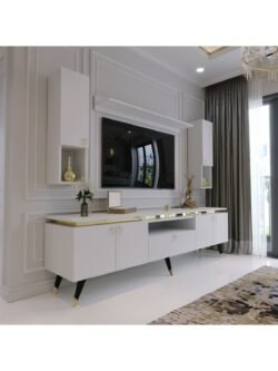 Modern Tv Sehpası Gold Üçgen Kulp Kepli G9025-1 Beyaz 35 Cm Derinlik