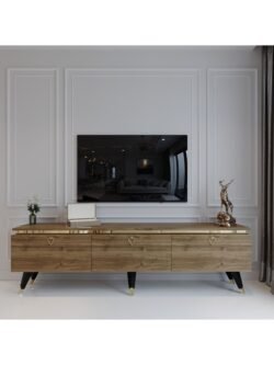Modern Tv Sehpası Gold Üçgen Kulp Kepli G9107-2 Ceviz 35 Cm Derinlik