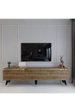 Modern Tv Sehpası Gold Üçgen Kulp Kepli G9107-2 Ceviz 35 Cm Derinlik