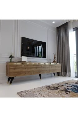 Modern Tv Sehpası Gold Üçgen Kulp Kepli G9107-2 Ceviz 35 Cm Derinlik