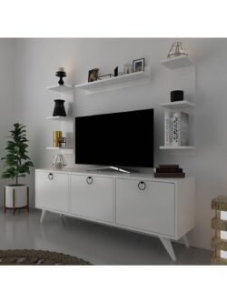 Icon Raflı Tv Ünitesi Q3028-1 Beyaz Kulplu Dolaplı Modern Tv Sehpası
