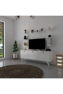 Icon Raflı Tv Ünitesi Q3028-1 Beyaz Kulplu Dolaplı Modern Tv Sehpası