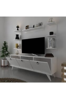 Icon Raflı Tv Ünitesi Q3028-1 Beyaz Kulplu Dolaplı Modern Tv Sehpası