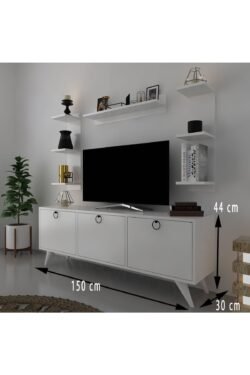 Icon Raflı Tv Ünitesi Q3028-1 Beyaz Kulplu Dolaplı Modern Tv Sehpası