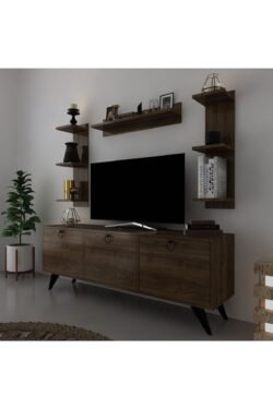 Icon Raflı Tv Ünitesi Q3028-2 Ceviz Kulplu Dolaplı Modern Tv Sehpası