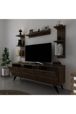 Icon Raflı Tv Ünitesi Q3028-2 Ceviz Kulplu Dolaplı Modern Tv Sehpası
