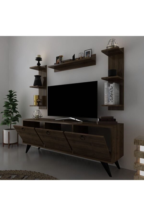 Icon Raflı Tv Ünitesi Q3028-2 Ceviz Kulplu Dolaplı Modern Tv Sehpası