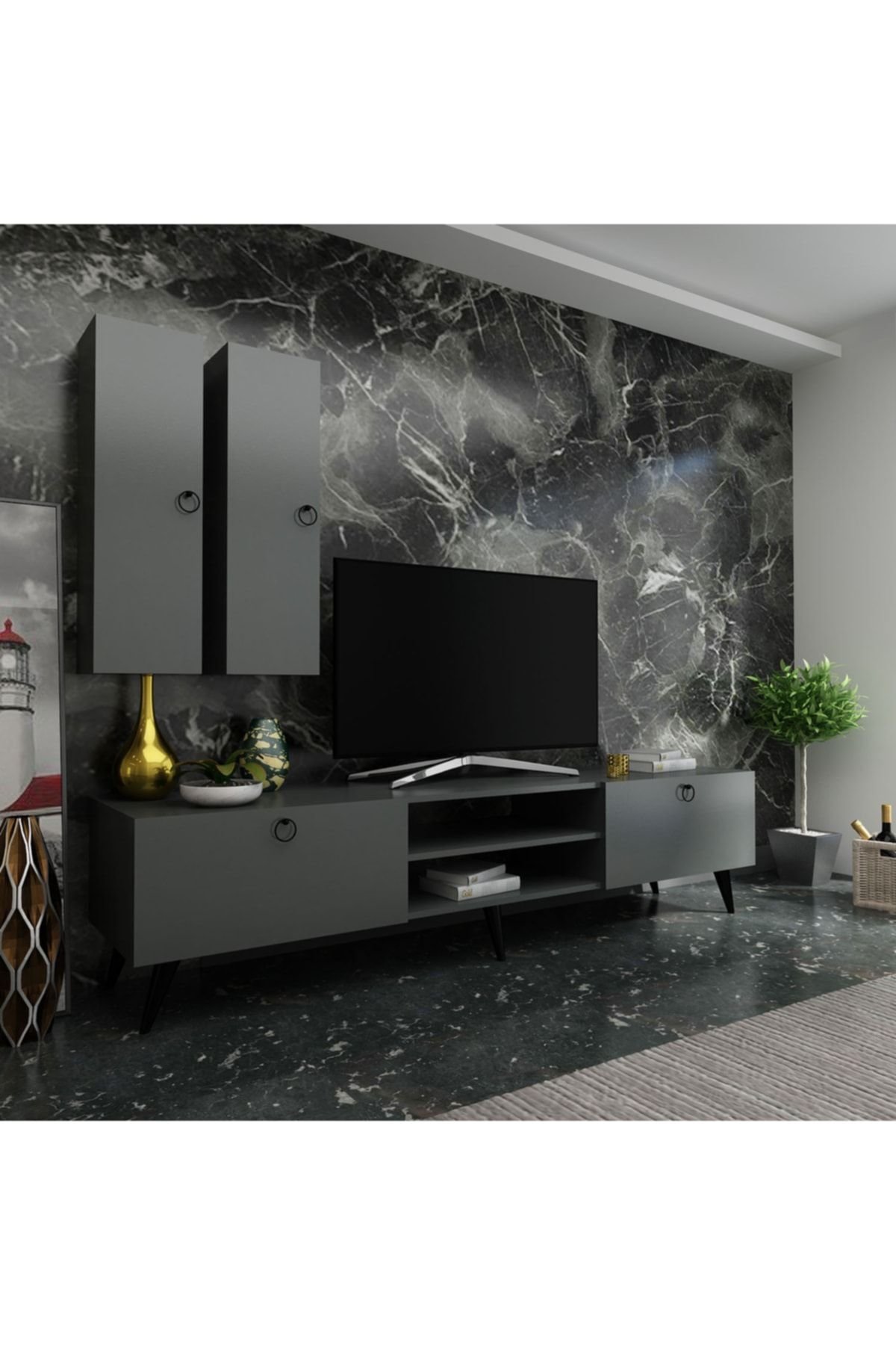 Ideal Tv Ünitesi Duvar Raf Ve Dolaplı Q7822-4 Antrasit