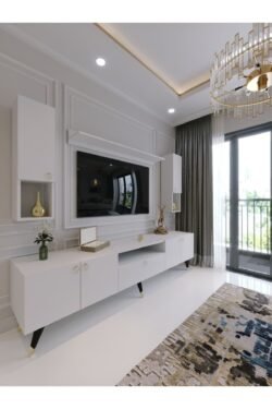 Modern Tv Sehpası Gold Üçgen Kulp Kepli G8025-1 Beyaz