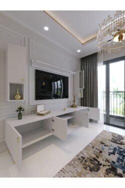 Modern Tv Sehpası Gold Üçgen Kulp Kepli G8025-1 Beyaz